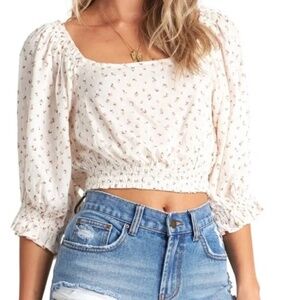Billabong Royal Wear Ditsy Floral Smocked Peasant Crop Top In Salt Crystal